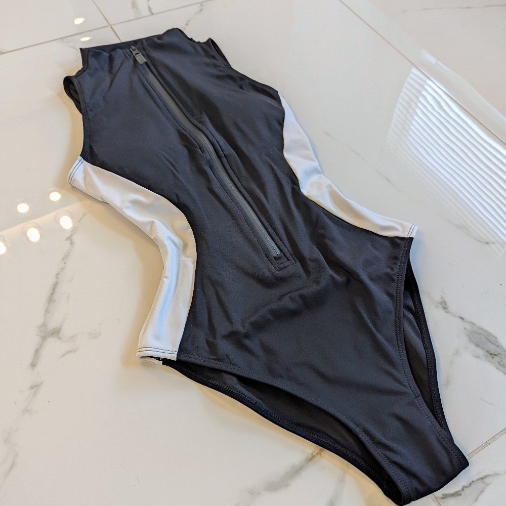 Women’s Black & White Zip-Front One-Piece Swimsuit